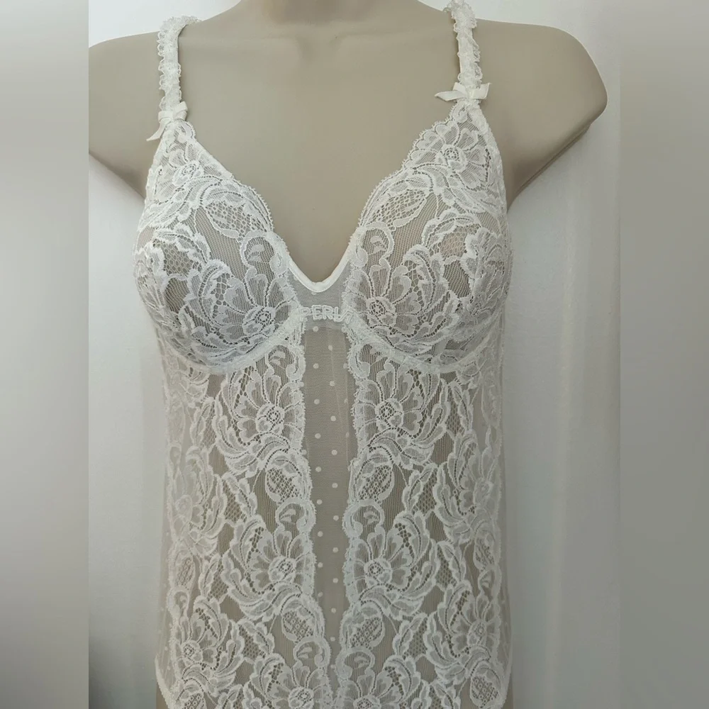 LA Perla Vintage Sheer Lace Plunge Bodysuit in Ivory